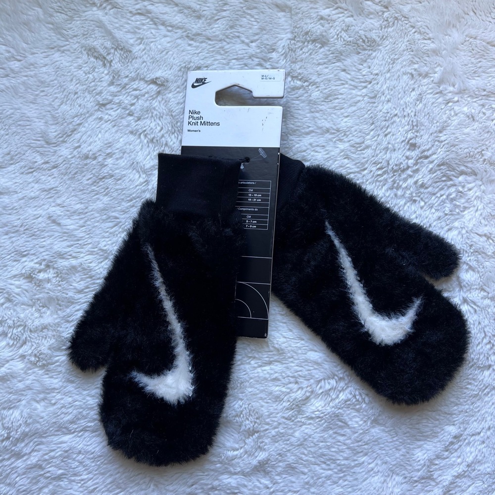 Nike Plush Knit Mittens Black White Faux Fur Swoosh Logo M/L N.100.8868.010.ML - Picture 2 of 6